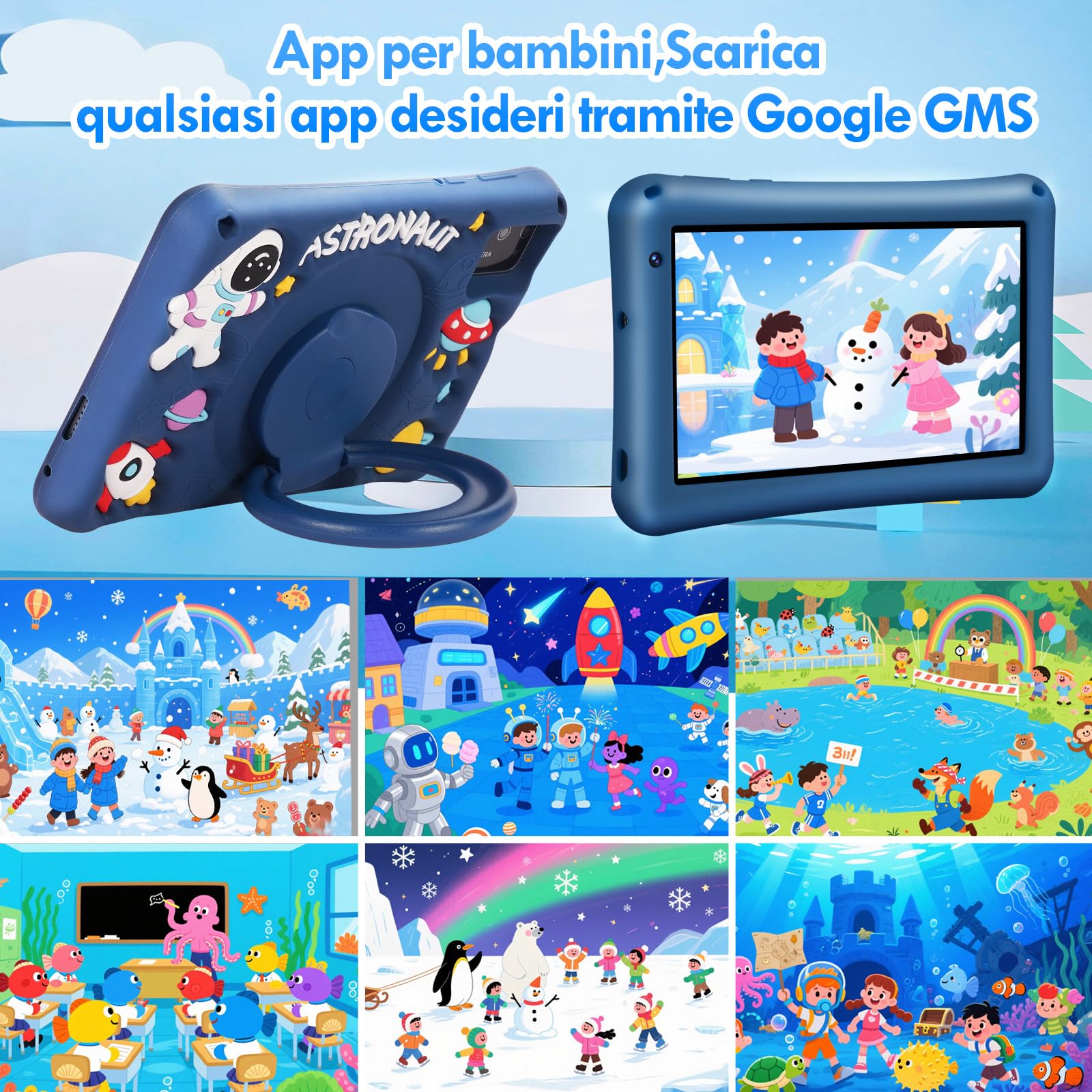 BRILLAR Tablet Bambini 7 Pollici,Android 13 Tableta,8(4+4) GB RAM, 64GB ROM(TF card 256 GB),Octa-Core,Controllo Parentale,WiFi,Tablet per Bambini con Custodia(Blu)
