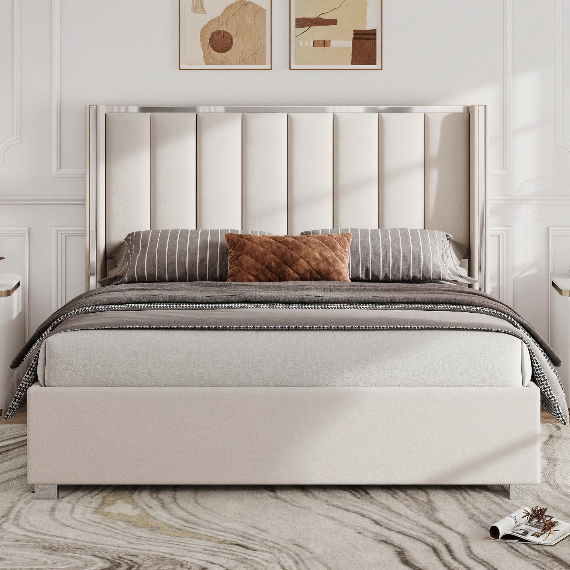 LUXOAK 4ft6 Double Bed Frame, Velvet Wingback Headboard, Metal Trim, Cream