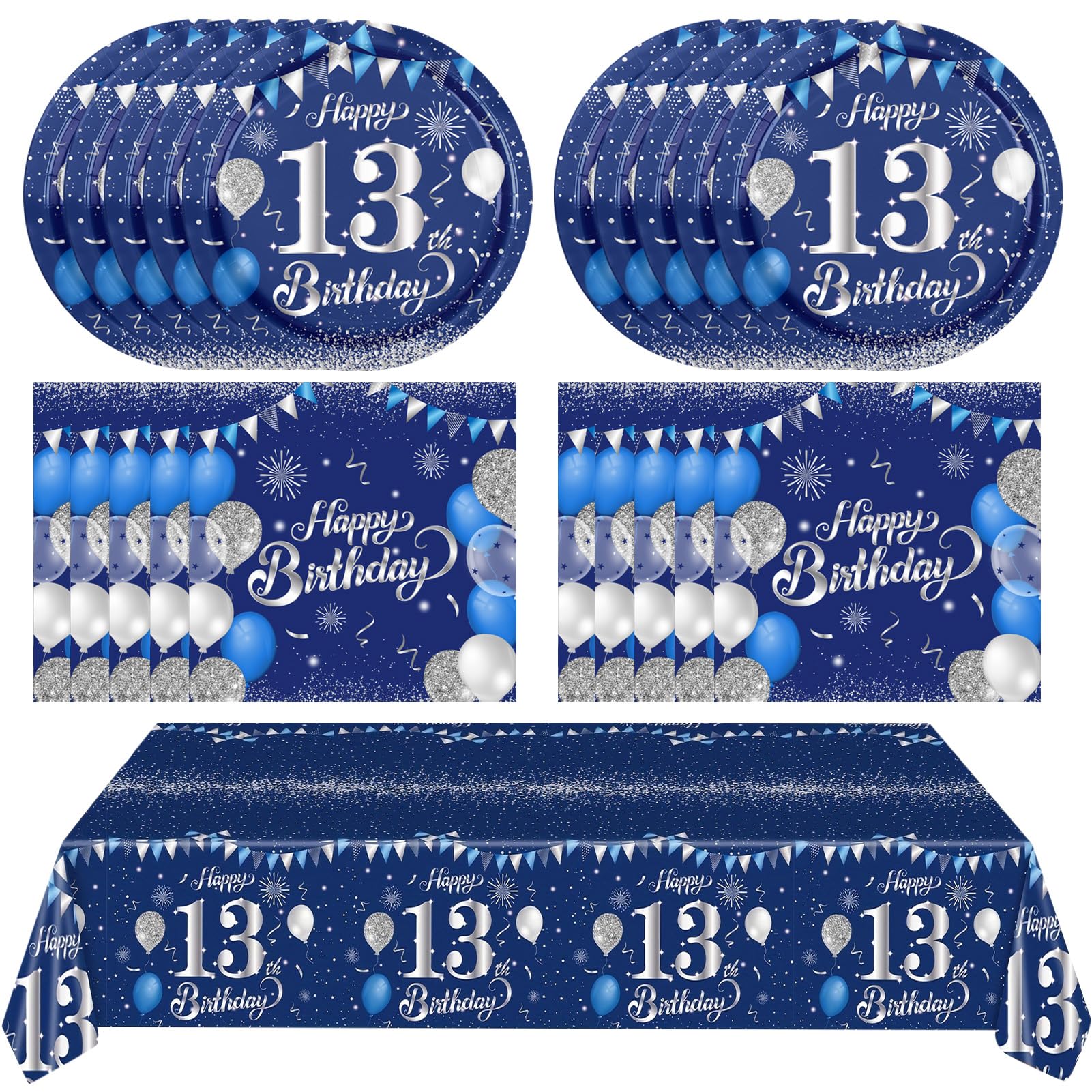 13th Birthday Decorations for Boy Girl Official Teenager 13th Tableware Decorations Navy Blue Silver Birthday Plates Napkins Tablecloth Dinnerware for
