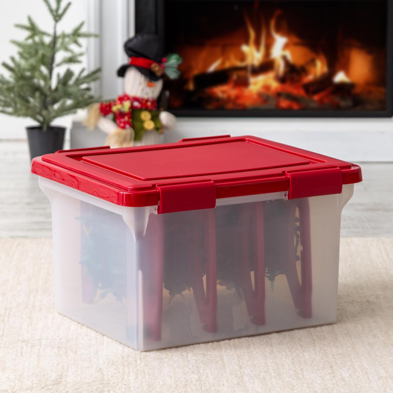 IRIS USA WeatherPro Light and Garland Holiday Decor Home Organizer with Light Reel Inserts, Holiday Storage for Lights Garlands Decorations and Decorations with Seal Latching Lid 6 Pack, Clear/Red
