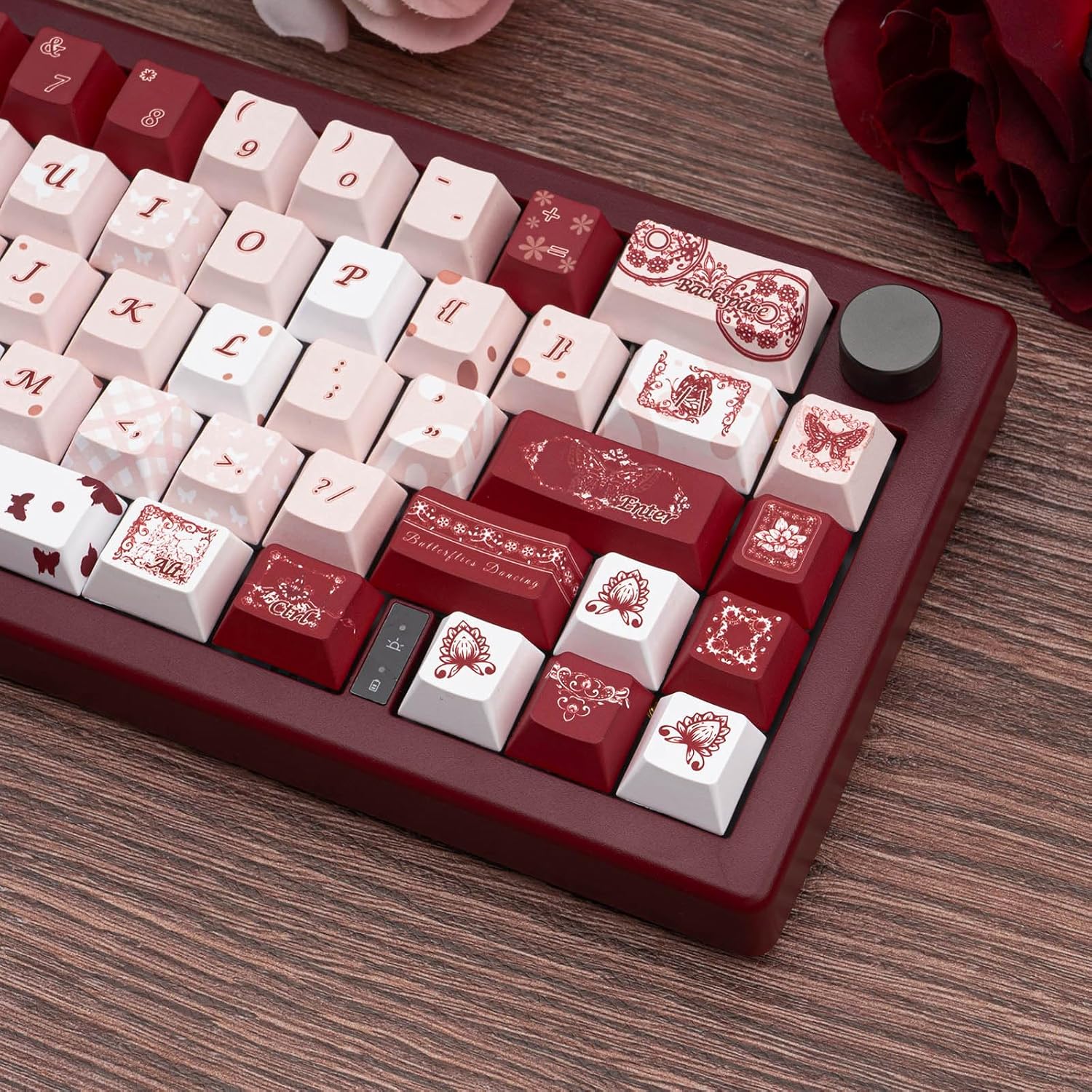 PBT Keycap Set 145 Keys Cherry Profile Retro Butterfly Theme Dye Sublimation Keycaps White Red Pink Custom Gaming Accessories Fit for 61/64/87/104/108 Mechanical Keyboards Alice Keyboard