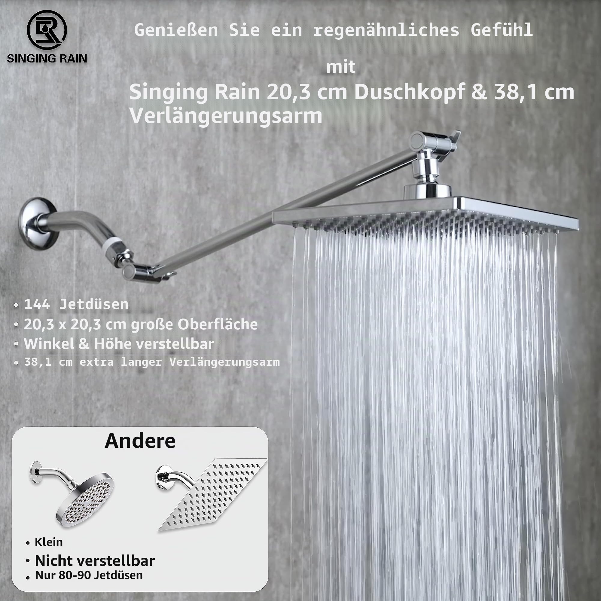 20.3 cm Regenduschkopf mit passendem 38.1 cm Verlängerungsarm, quadratischer Duschkopf, extra langer Höhe und Winkel, singender Regen, ultimatives Duscherlebnis