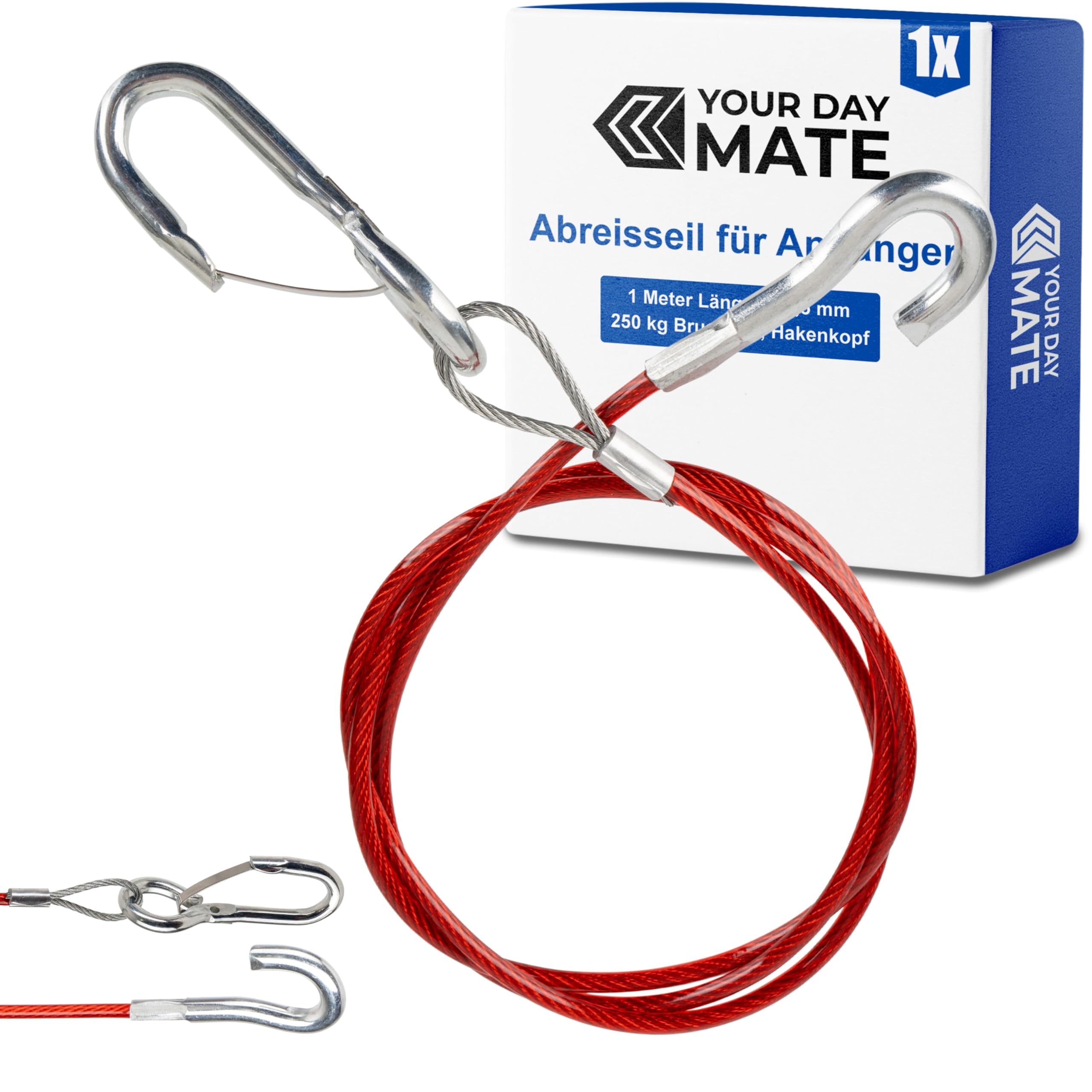 Abreisseil für Anhänger, 1 Set, 1 Meter x Ø 2,5 mm Stahlseil mit Karabiner und Fanghaken, 250 kg Bruchlast, in Rot, für alle Arten von gebremsten Anhängern und Wohnwagen, ummanteltes Fangseil AHK
