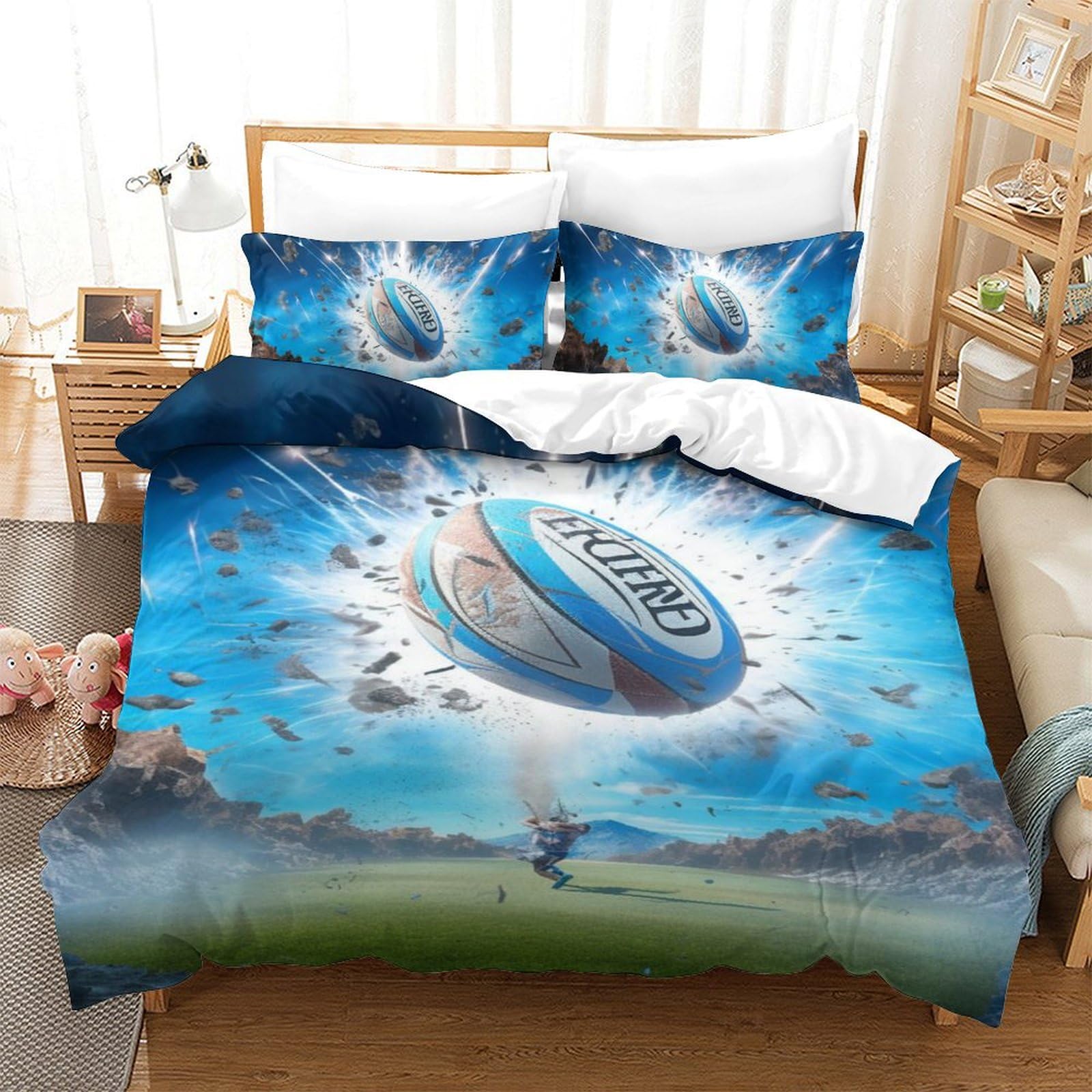 AAIRRA Rugby Duvet Cover 3D Print Cool Rugby for Boys Girls Comforter Covers Quilt Cover Soft Microfiber with Zipper Closure with Pillow Cases Bedding Set 2 Pieces Single（140x200cm）