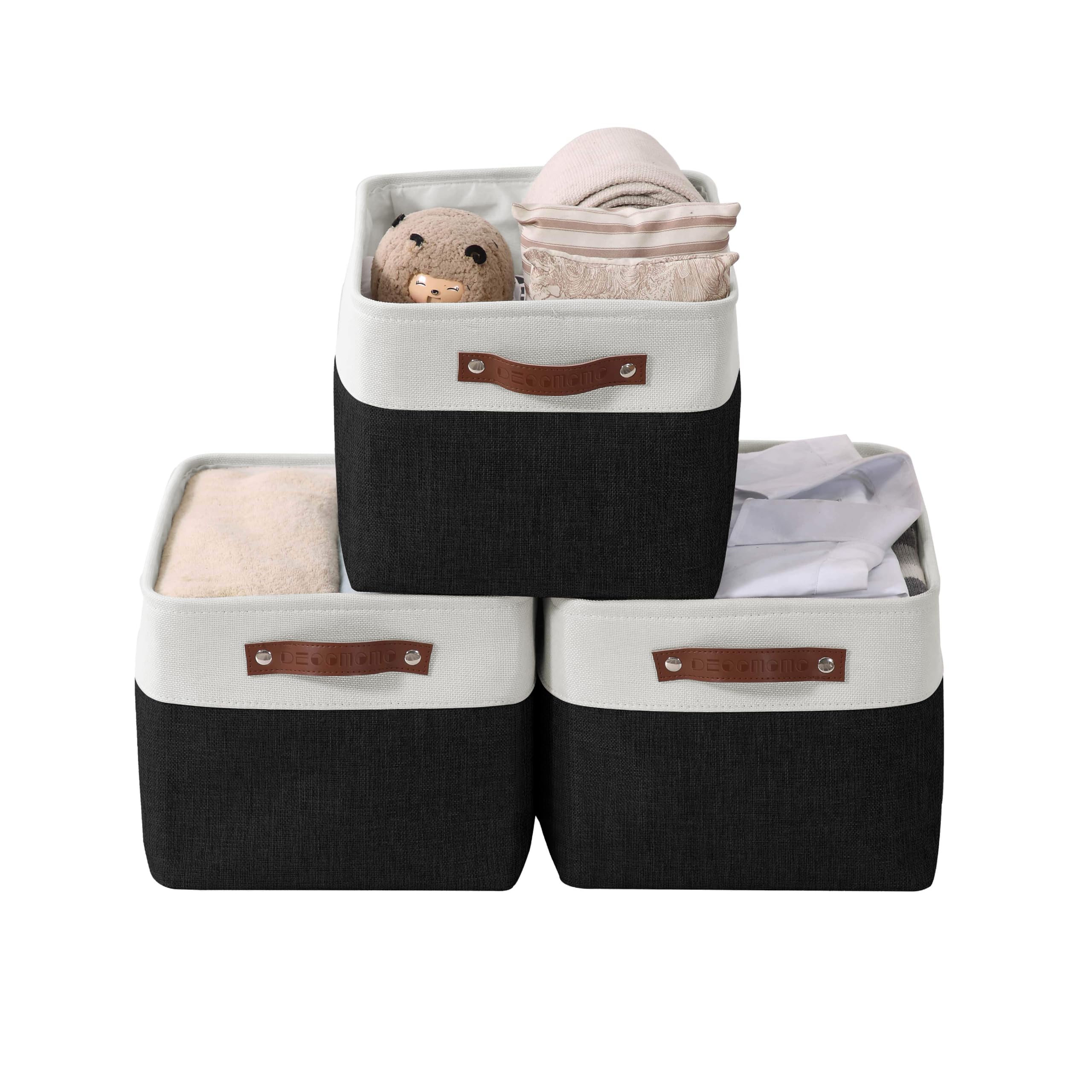 Foldable Storage Bin Collapsible Sturdy Cationic Fabric Storage Basket Cube W/Handles for Organizing Shelf Nursery Home Closet (Black and White, Extra Large - 15.8 x 12.5 x 10)