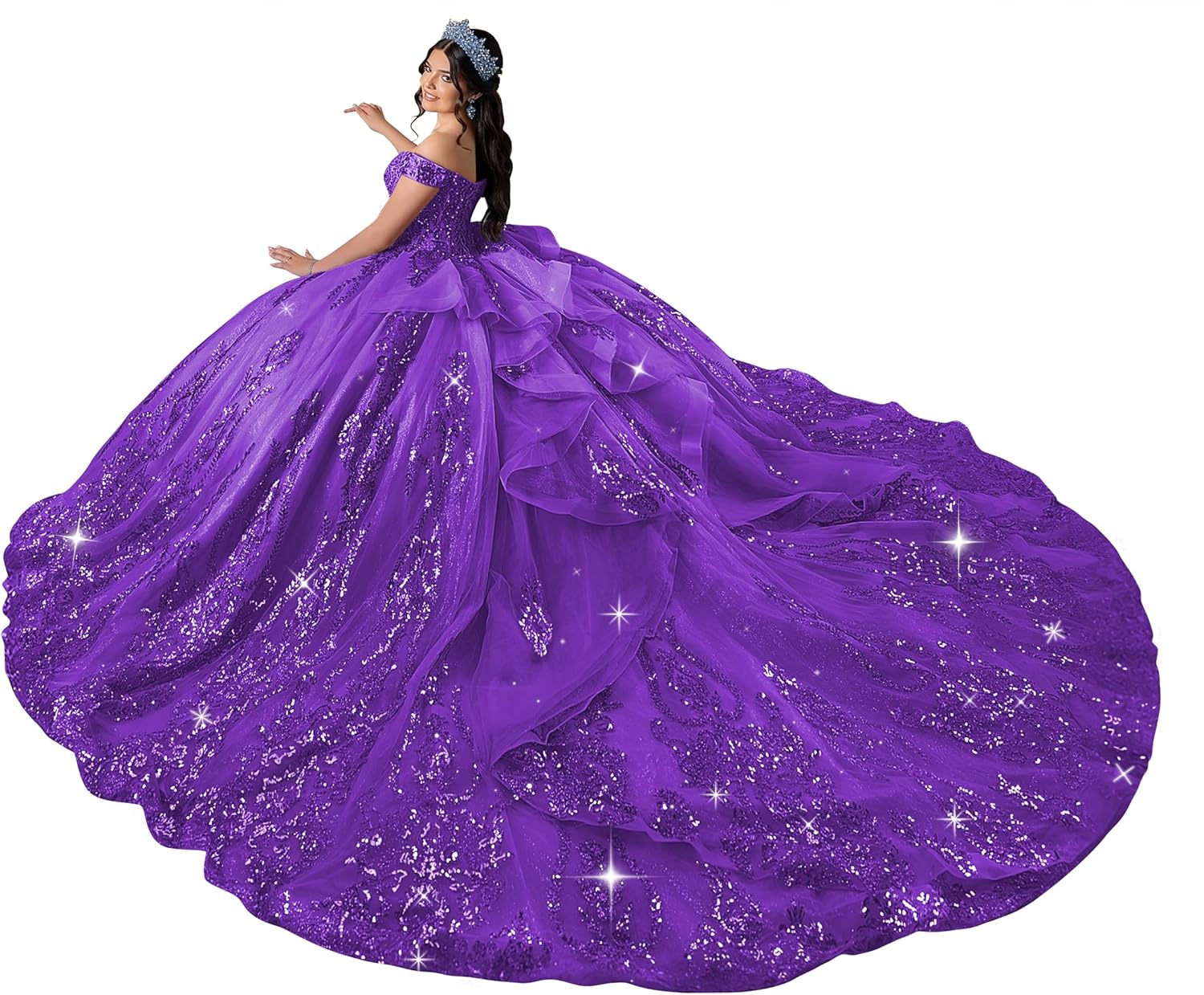 XYAYE Off Shoulder Tiered Quinceanera Dresses Lace Sequin Layered Tulle Sweet 16 Dresses Puffy Beaded Long Ball Gown