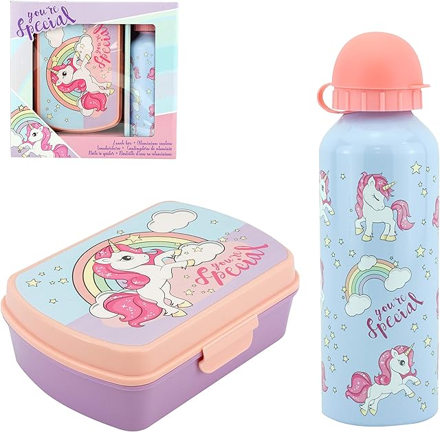 Licensed 2Pcs Kids Unicorn Lunchbox and Sports Water Bottle Set Travel Picnic Set for Girls and Boys
