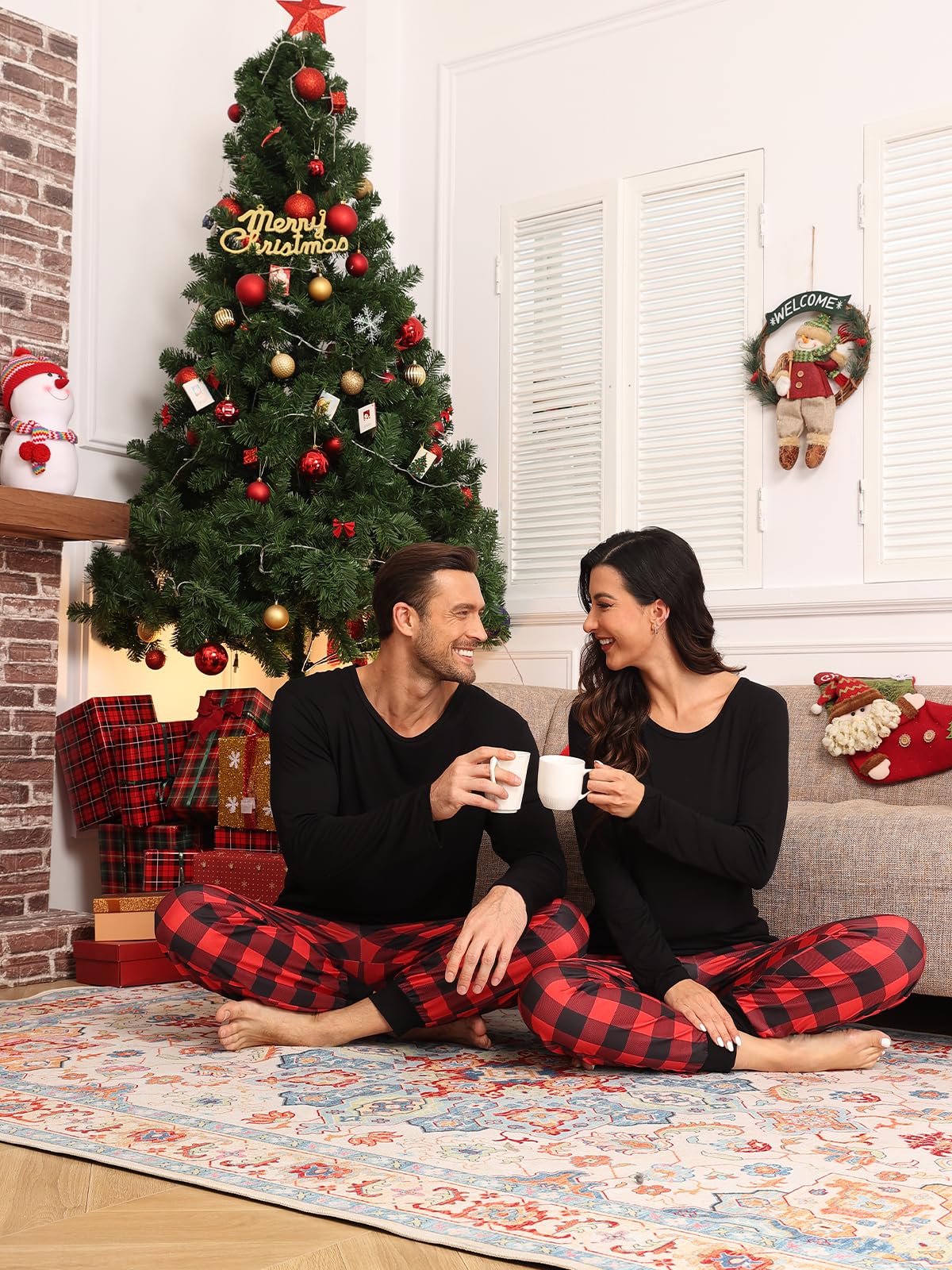 Conjunto de pijama a cuadros a juego para parejas, pijamas de Navidad para hombres y mujeres, conjunto de ropa de dormir de manga larga con bolsillos, S-2XL