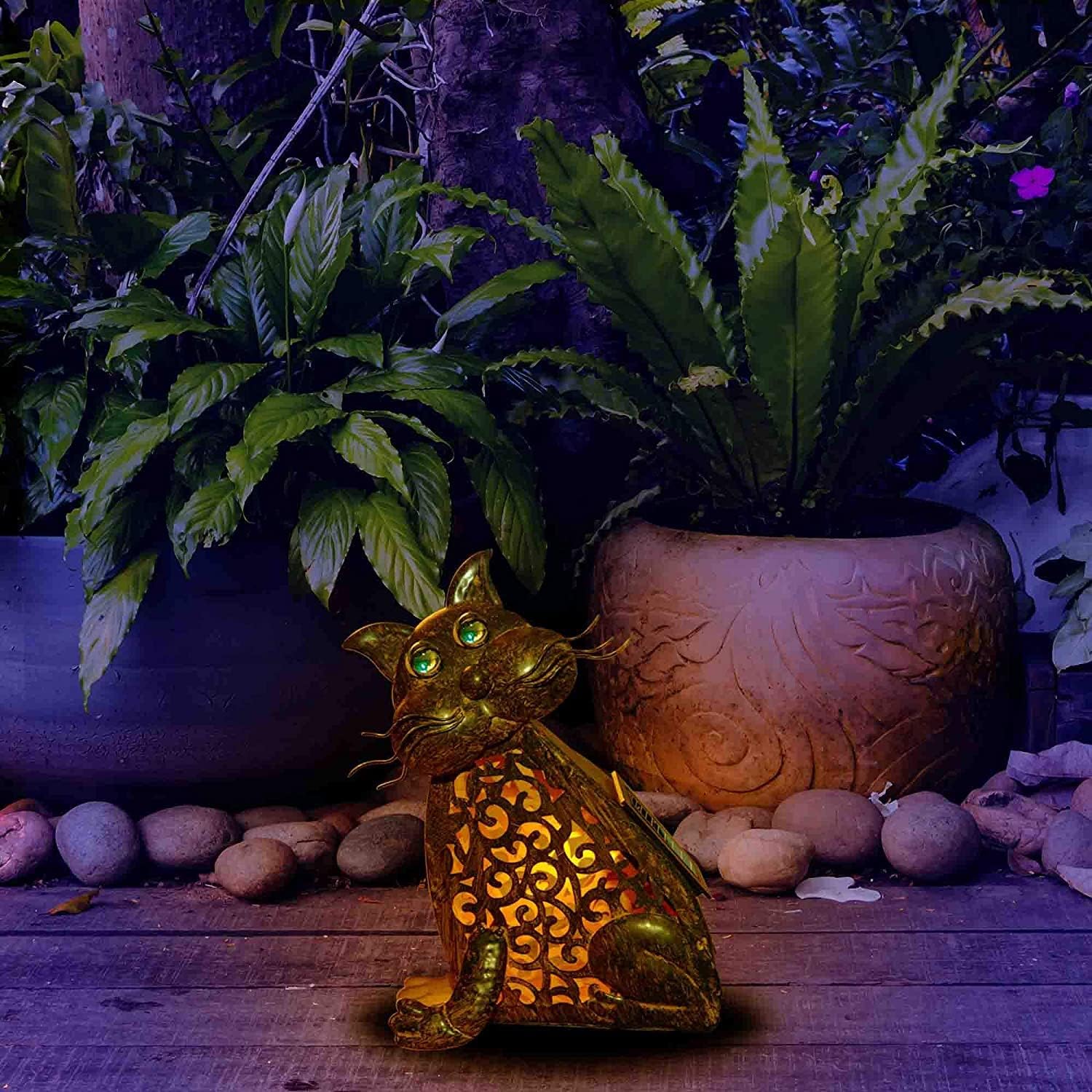 Cat Lamp 3D Solar Garden Decorations Lights Christmas Yard Feline Metal Figures Outdoor Zen Welcome Animal Statue Halloween Night Home Patio LED Tail Novelty Vintage Lucky Shaped Accent