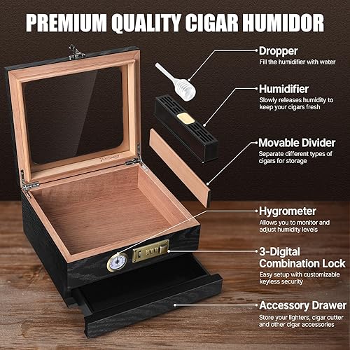 Miniatura 2 de Humidor de puros, humidor de madera de cedro, humidor de cigarros, humidor de escritorio superior de vidrio con higrómetro frontal, humidificador,