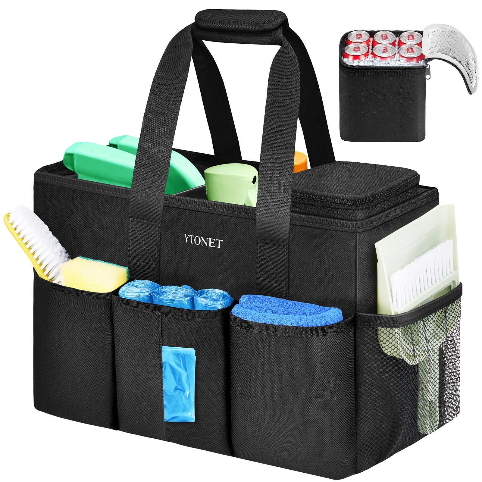 Ytonet Cleaning Caddy Bag, Large Cleaning Supplies Organizer with Handle & Foldable Divider for Cleaners, Water Resistant Housekeeping Supplies for Kitchen, Car Tool Caddy Organizer Bag, Black