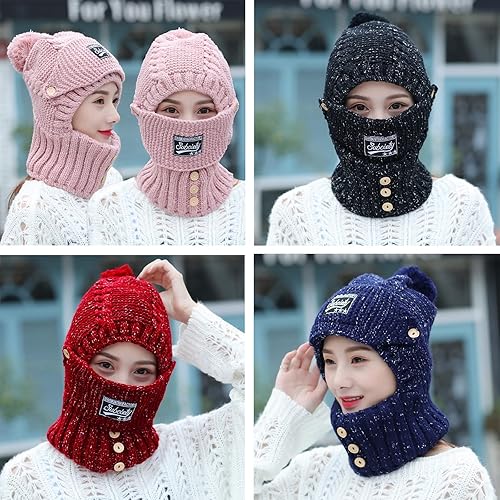 Miniatura 7 de 2 en 1 para mujer, bufanda de punto, sombrero elástico cálido de invierno con protectores de oídos, gorra integrada a prueba de viento para