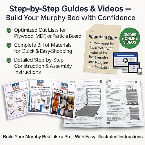 Miniatura 18 de Murphy - Kit de herrajes para cama de tamaño individual, marco de madera plegable, cama de pared para habitación de invitados, fácil de construir,