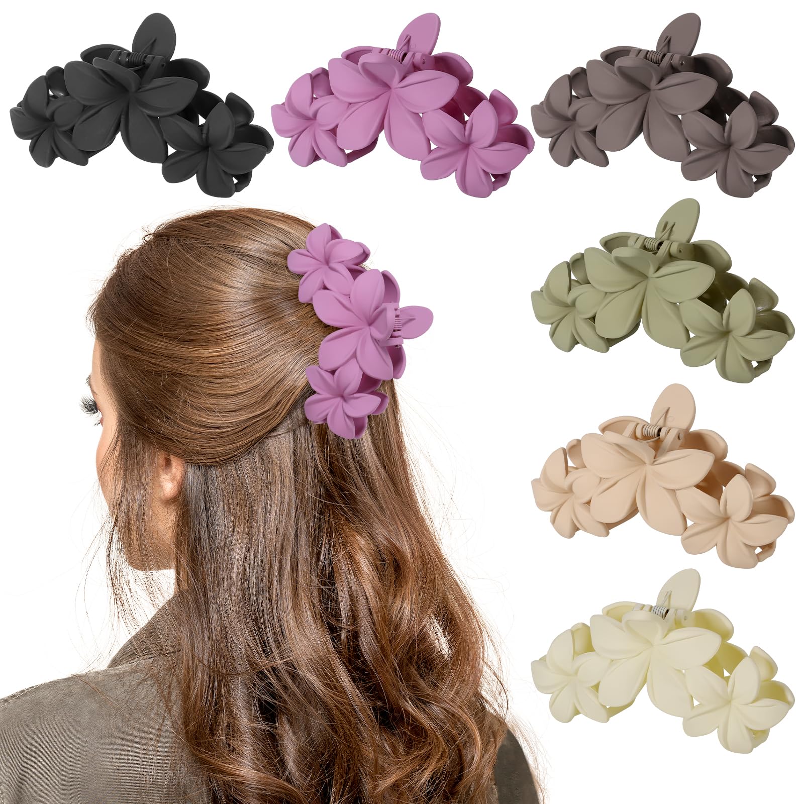 Huiguli 6 Pieces Matte Hair Claw Flower Hawaii, Non-Slip Flower Clips for Women, Strong Hold, Hair Claw Clip for Women Girls