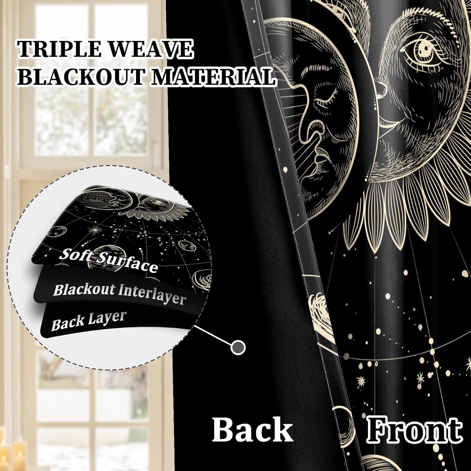 AOFOTO Mystic Astrology Solar System Blackout Curtains 84 Inches Long 2 Panels for Bedroom/Living Room, Celestial Sun Moon Stars Planets Galaxy Window Treatment Curtains Noise Reducing 42W x 84L