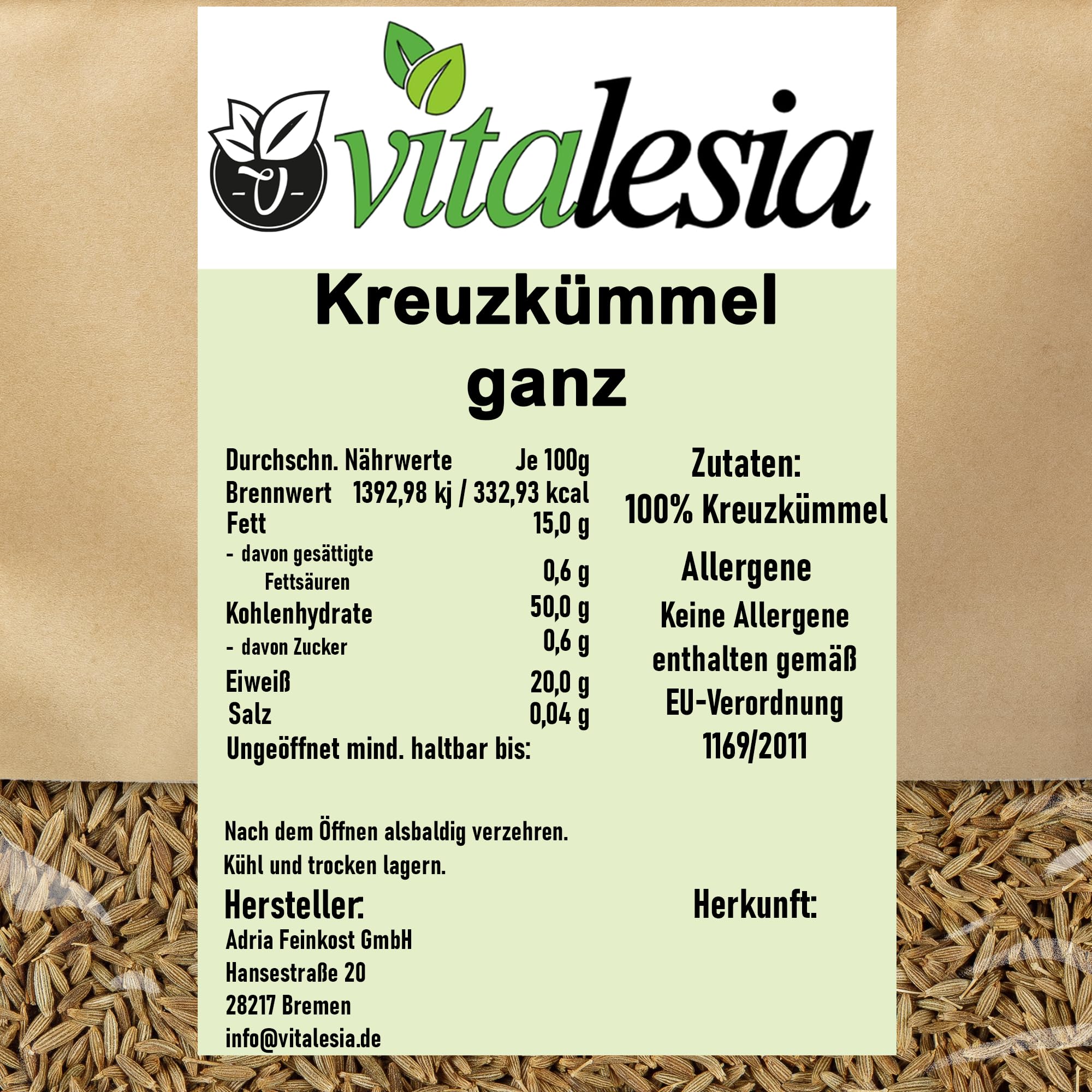 Vitalesia Kreuzkümmel ganze Samen 5kg Cumin naturbelassen