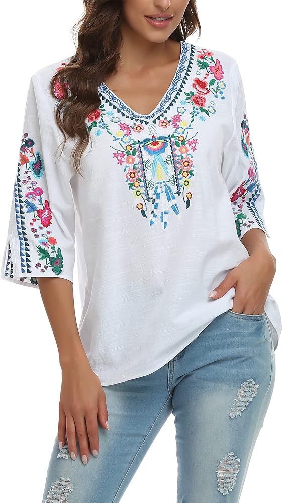 トップス used euro embroidery blouse YZXDORWJ Women's Summer Embroidered Mexican Shirts Short
