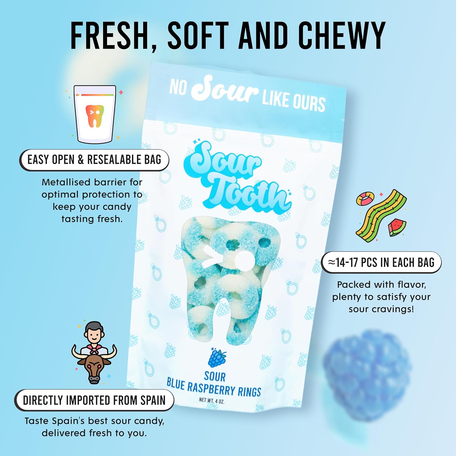 Sour Blue Raspberry Rings, Sour Rings Bulk Candy, Blue Raspberry Flavored Candy Ring, Fresh, Soft and Chewy, Great as Gift Snacks and Parties, 14 Per Bag, 6 Pack, 4 oz Each