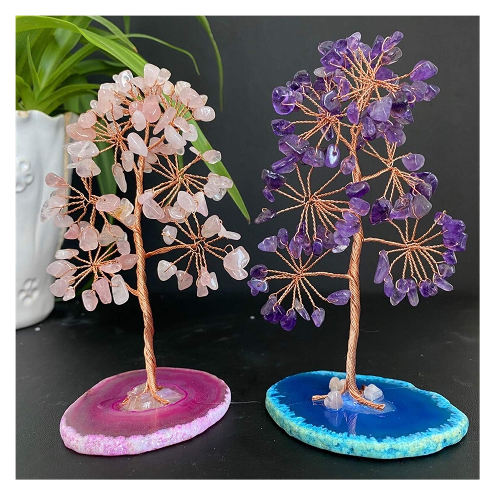 Kristallbaum Natürlicher Kristall Glücksbaum Amethyst Rose Quarz Edelstein Tree Handgemachte Baumdekoration Achat Scheiben Stein Mineral Ornamente Büro Dekor Kristalle (Color : Rose Quartz)