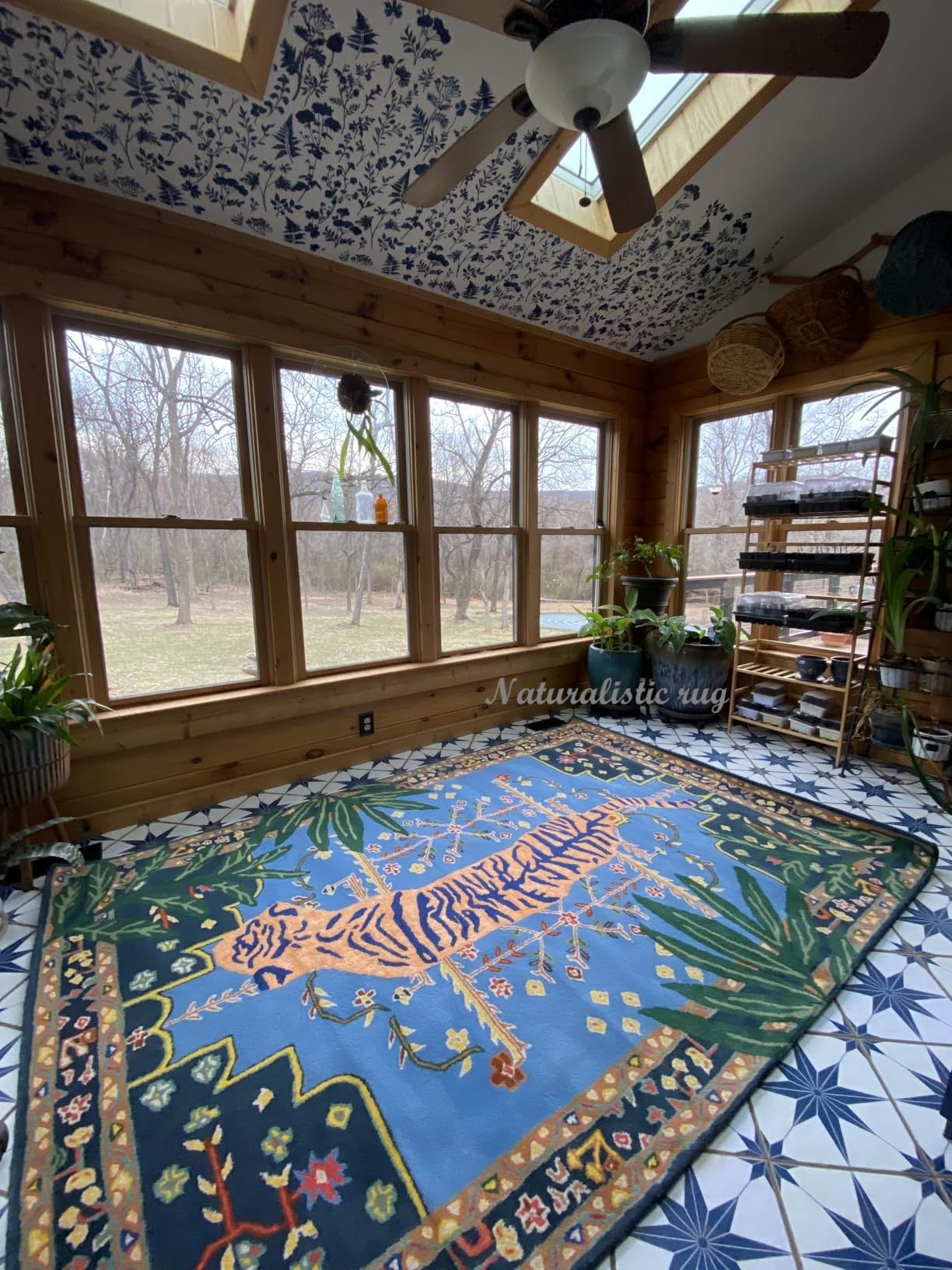 Bengal Tiger Animal Print Wool Area Rug Handmade Featuring Symmetrical Palm Leaves Design - Ideal for Living Room Bedroom Kids Room & Office (Orange,