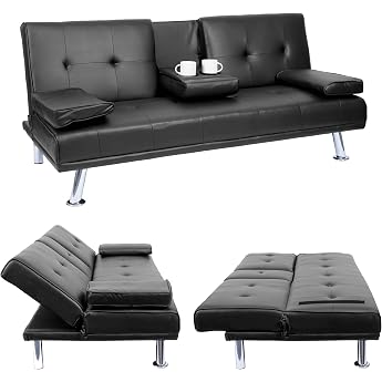 Mendler HWC-F60 3-Seater Sofa Bed Guest Bed Cup Holder Adjustable 97 x 166 cm Faux Leather Black
