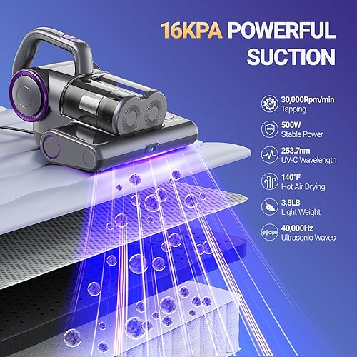 Miniatura 2 de FEPPO Mattress Vacuum Cleaner, 16Kpa Bed Vacuum Cleaner with 253.7nm UV-C Light, 140°F Heat, HEPA Filter & Ultrasonic, Versatile Handheld Vacuums