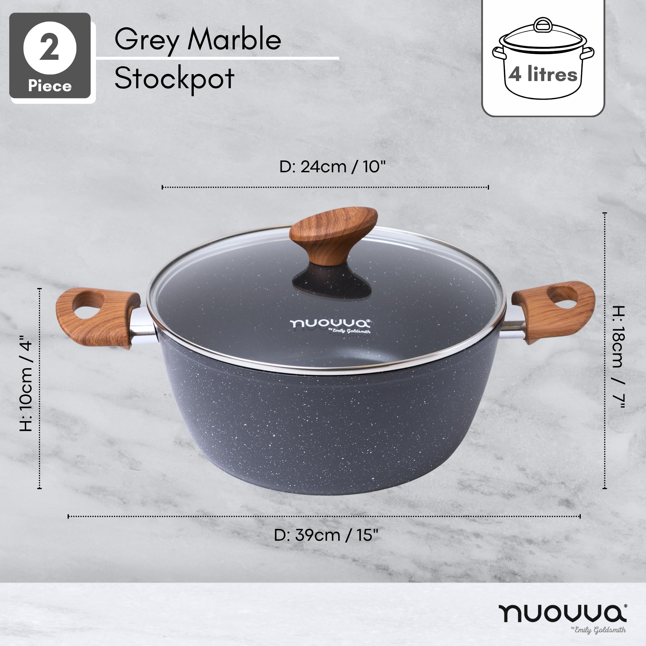 Ollas de cocina antiadherentes con tapa de vidrio, olla de inducción, cacerola profunda de cocina, 24 cm, mármol Nuovva
