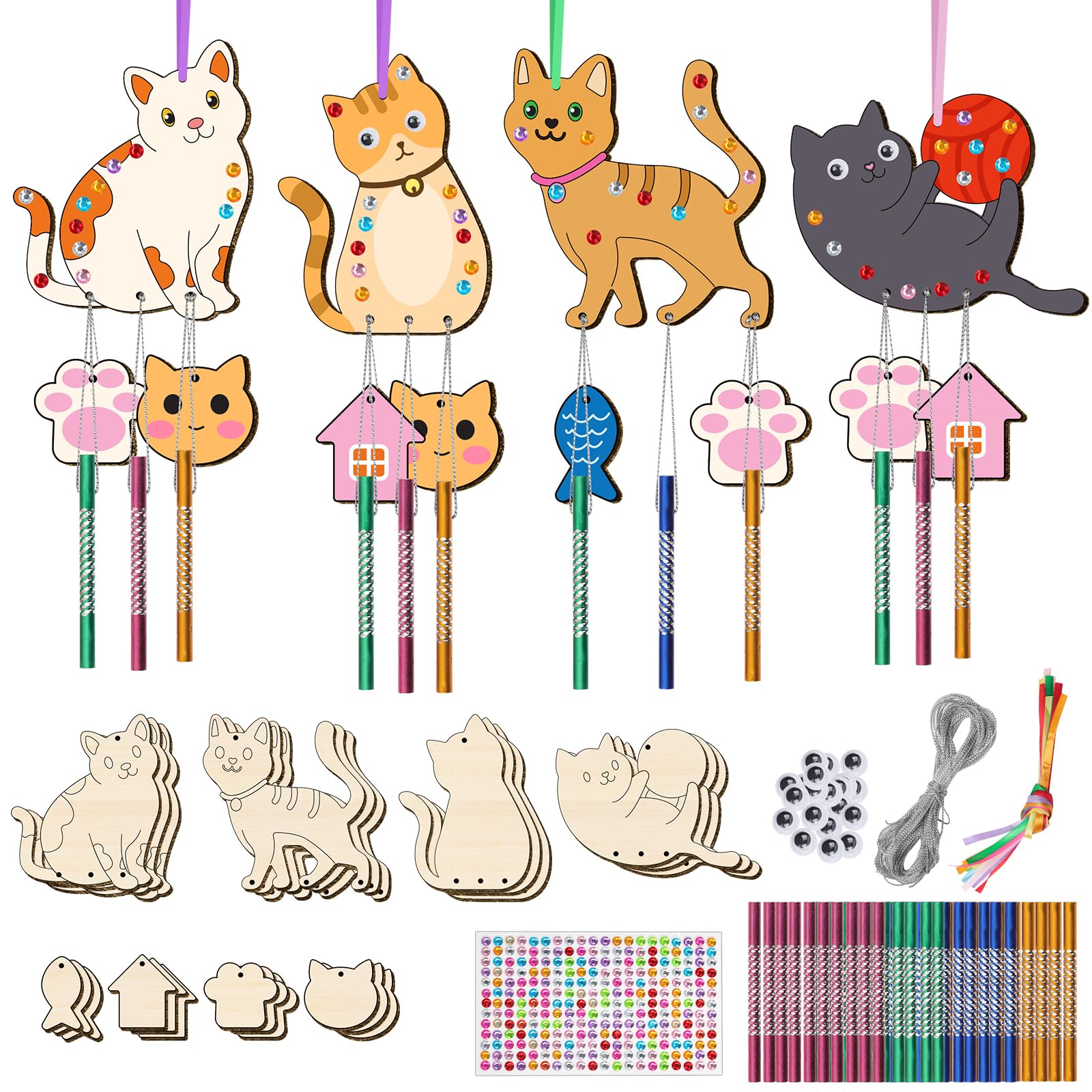 TREACLUB 12 Pack Wind Chime Kit for Kids, Make Your Own Wind Chime DIY Wood Arts and Crafts Decorative Coloring Wooden Hanging Ornaments for Girls Boys Home School Activity Party Supplies(Cute Cat)