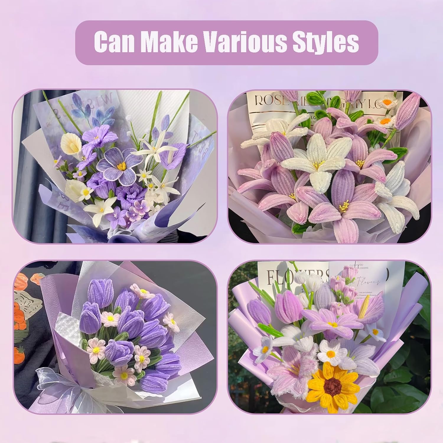 LansinLife 800pcs Pipe Cleaners Bulk, 14 Color Pipe Cleaners Flowers Kit with Instruction, 7MM Thick Fluffy Chenille Stems with Rich Accessories for Craft DIY Flowers, Animals, Party Decoration