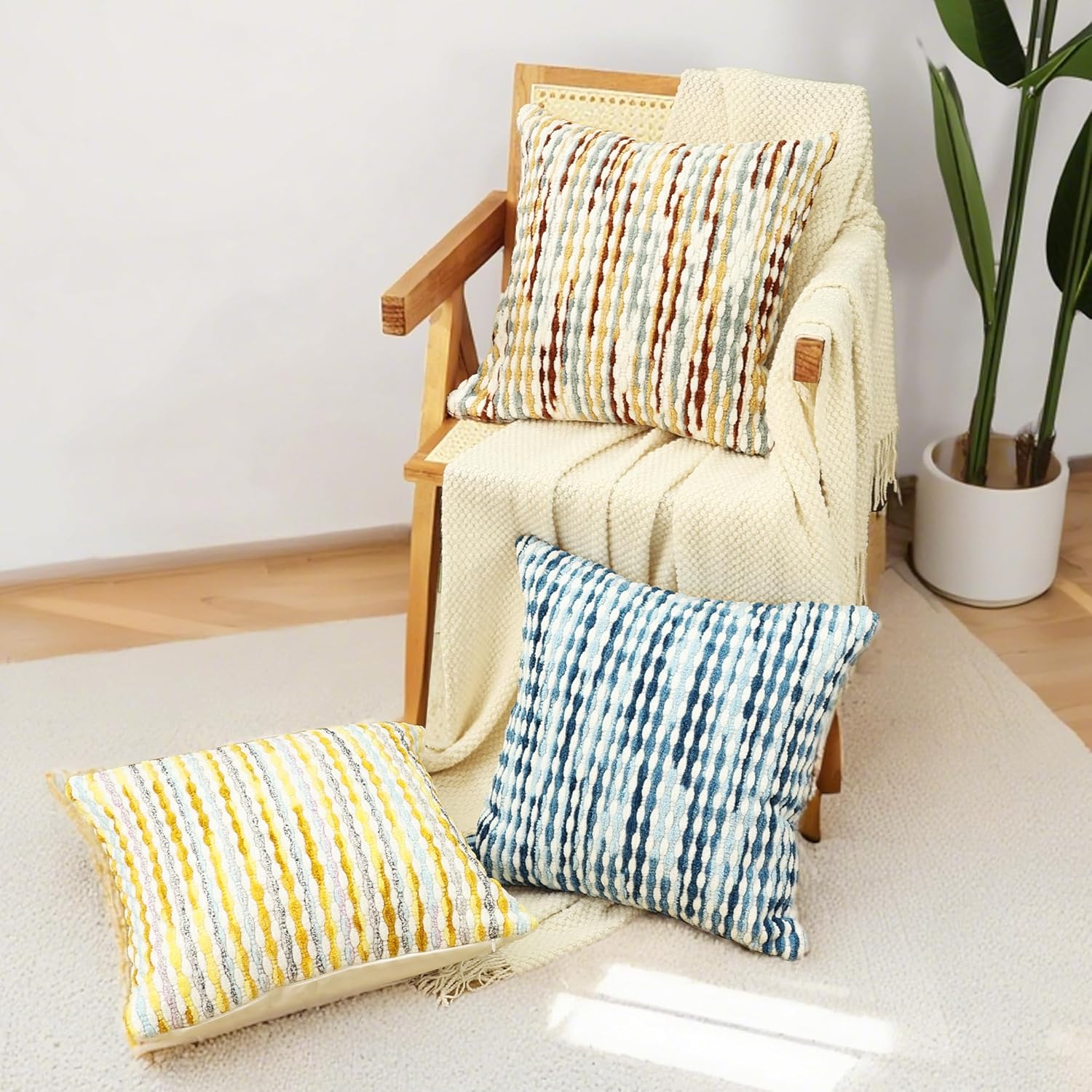 Boho Chenille Striped Pillow Cover 18x18 Inch, Decorative Pillow Cover for Couch Bed Sofa Living Room Bedroom Farmhouse Modern Home Decor Accent Pillowcases Set of 2, Multicolor