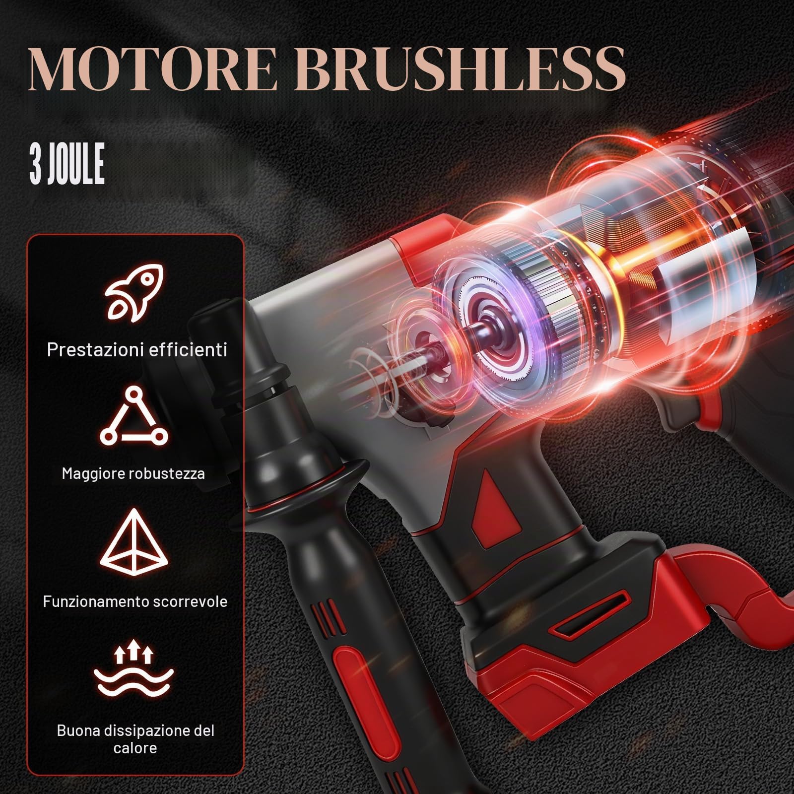 Roadtime 3J Martello Perforatore 1250W compatibile con Milwaukee 18V Battery (senza batteria),Motore senza spazzole martello 3500RPM,Hammer combinato con 3x Drill Bit SDS PLUS,Foratura 22mm