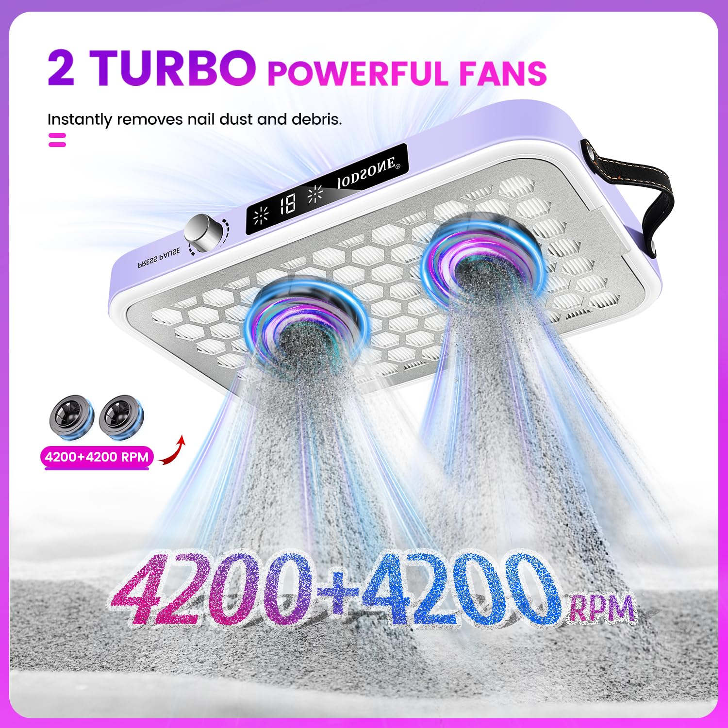 JODSONE, Collettore Professionale di Polvere per Unghie con Doppie Ventole Turbo e Display LED, Portatile, Elevata Efficienza di Rimozione della Polvere, Controllo Intelligente per Uso in Nail Art e
