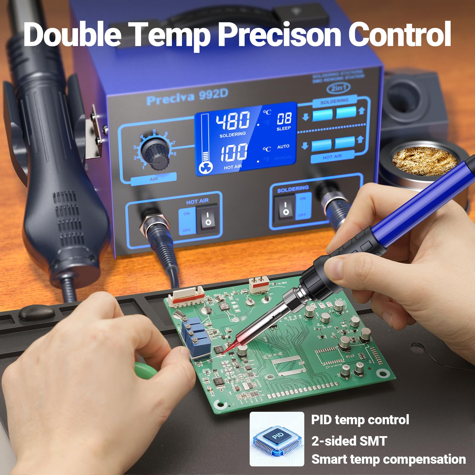Preciva 992D Station de Soudage à Air Chaud, 690W Pistolet Air Chaud & 60W Fer a Souder, Contrôle de Température PID, Grand Écran LCD, Mode Veille Automatique, pour Réparation SMD, QFP, BGA