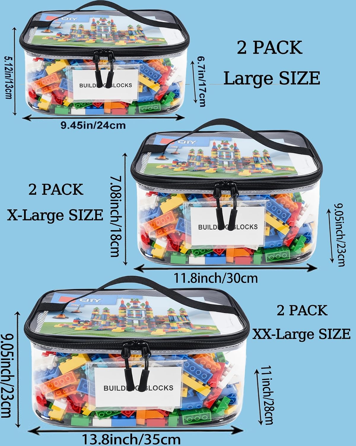 6 Pack Extra Large Clear Toy Storage Bags with Tag & Pocket – Versatile Waterproof Organizer Bags for Lego Bricks, Board Games, Building Blocks, Puzzles, Dolls, Books (Mixed Sizes-Black-6 Pack)