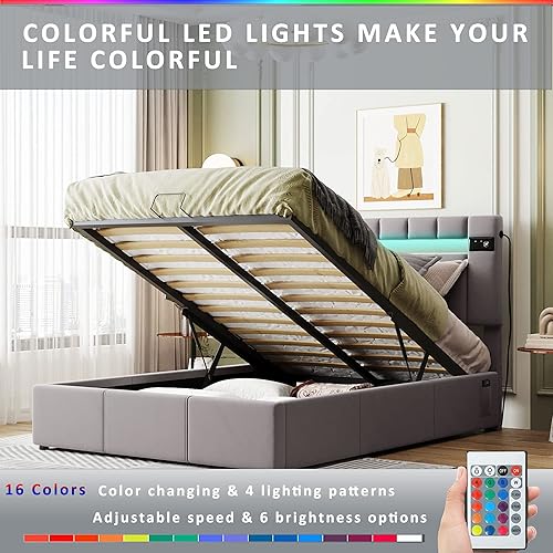 Miniatura 4 de CITYLIGHT Moderna cama de plataforma tapizada tamaño Queen con luz LED, reproductor Bluetooth y carga USB, cama de almacenamiento hidráulico con