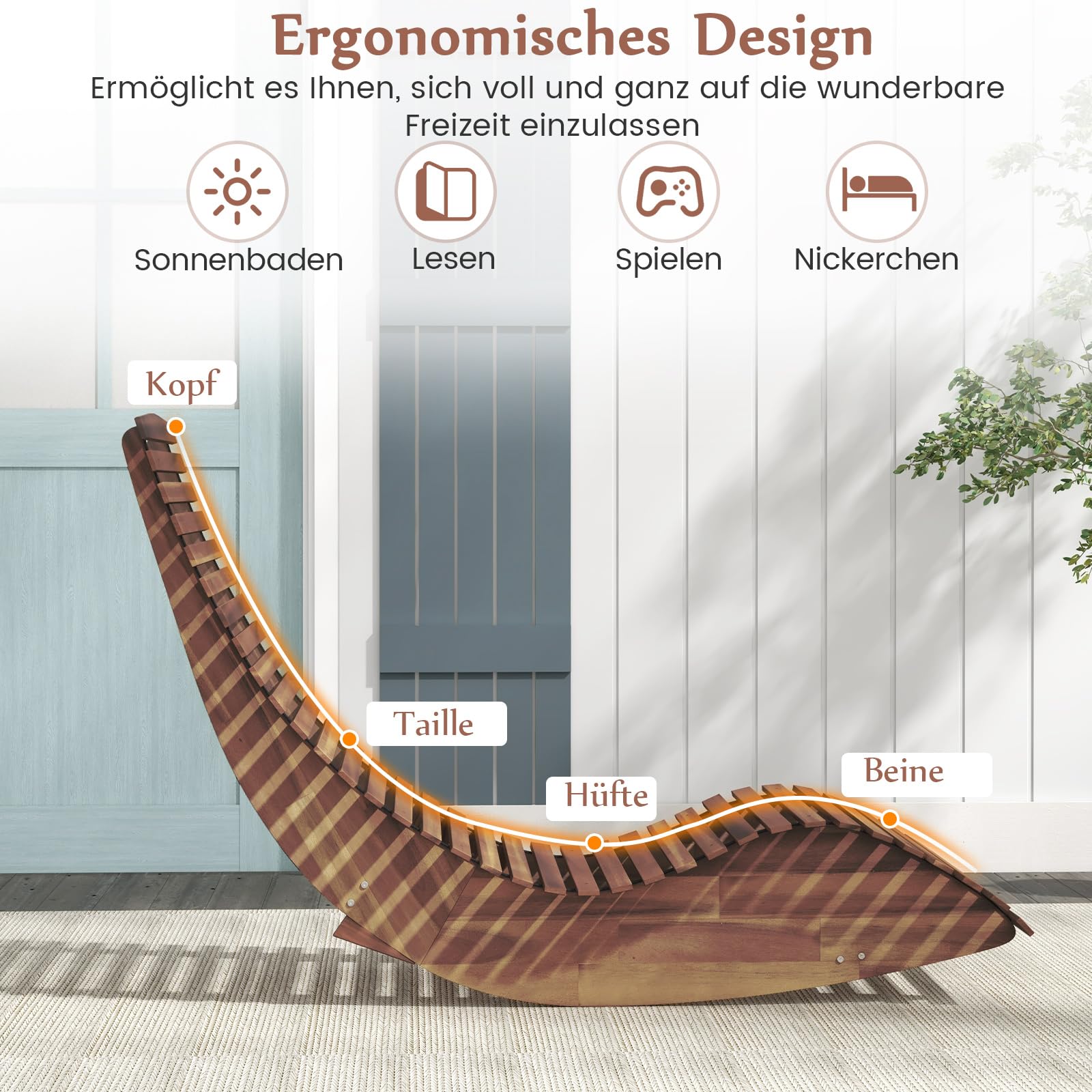 COSTWAY 2X leżak z drewna akacjowego, ergonomiczna leżanka drewniana, leżak ogrodowy, leżak tarasowy o ładowności do 160 kg, leżak do sauny, leżak do ogrodu, tarasu, podwórka