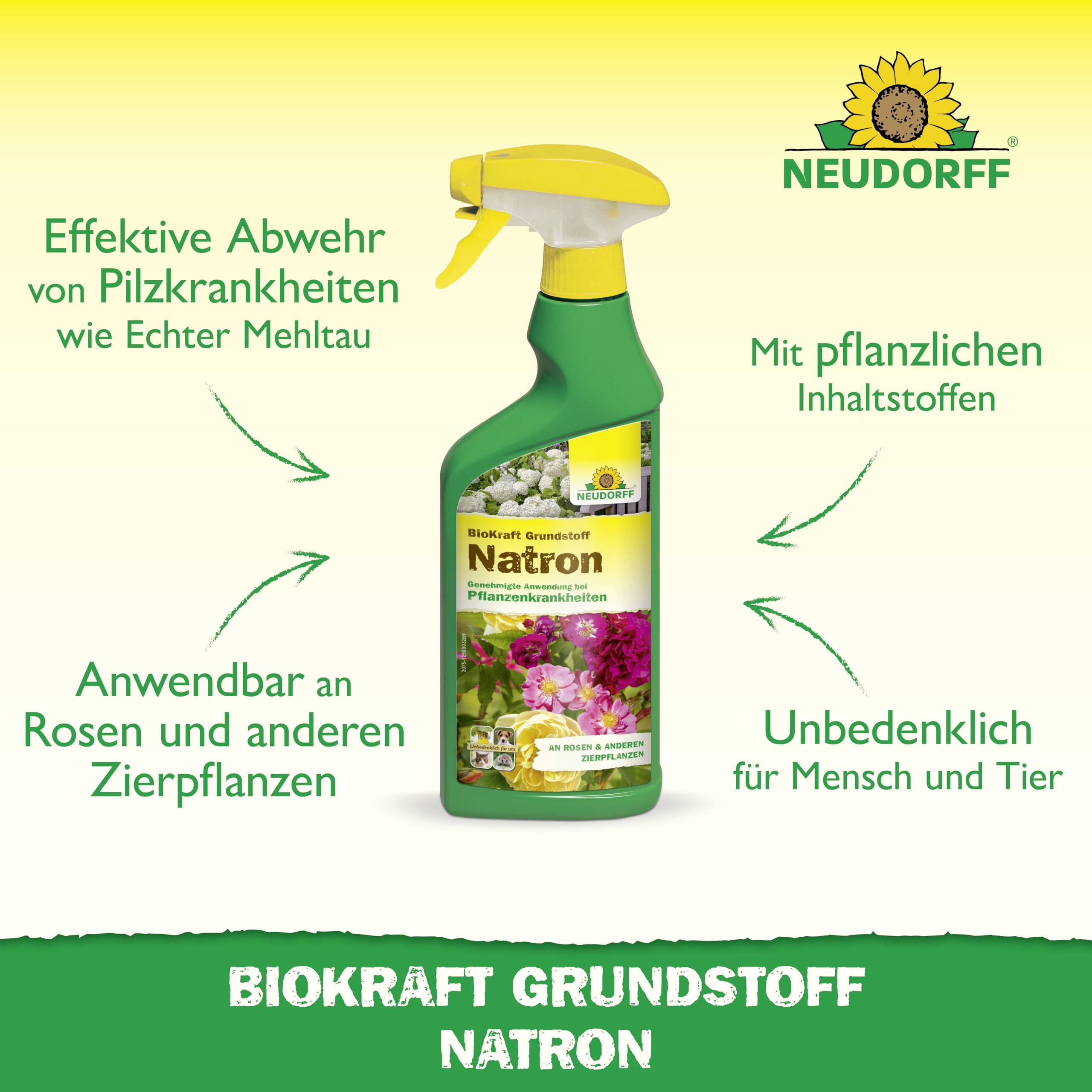 Neudorff BioKraft Grundstoff Natron – Anwendungsfertiges Spray gegen Pilzkrankheiten an Rosen und anderen Zierpflanzen, mit pflanzlichen Inhaltsstoffen, 500 ml