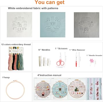 Myfelicity 3 Embroidery kit for Beginners, Embroidery Starter Kits to Learn 28 Different Stitches, Including Fabric with Prints, Threads, Needles, Hoop and Video tutorials…