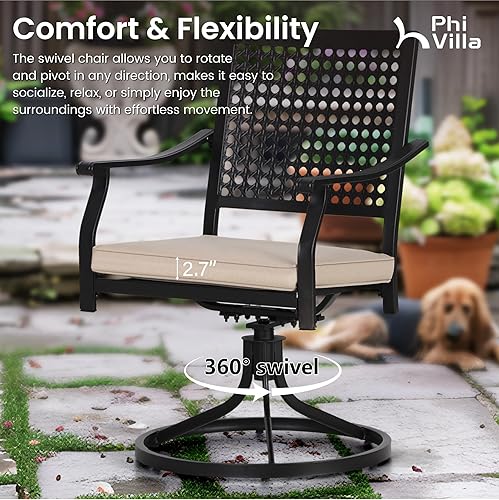 Miniatura 4 de PHI VILLA Juego de 2 sillas de comedor giratorias para patio, sillas de exterior con cojines, muebles de patio con reposabrazos, color negro