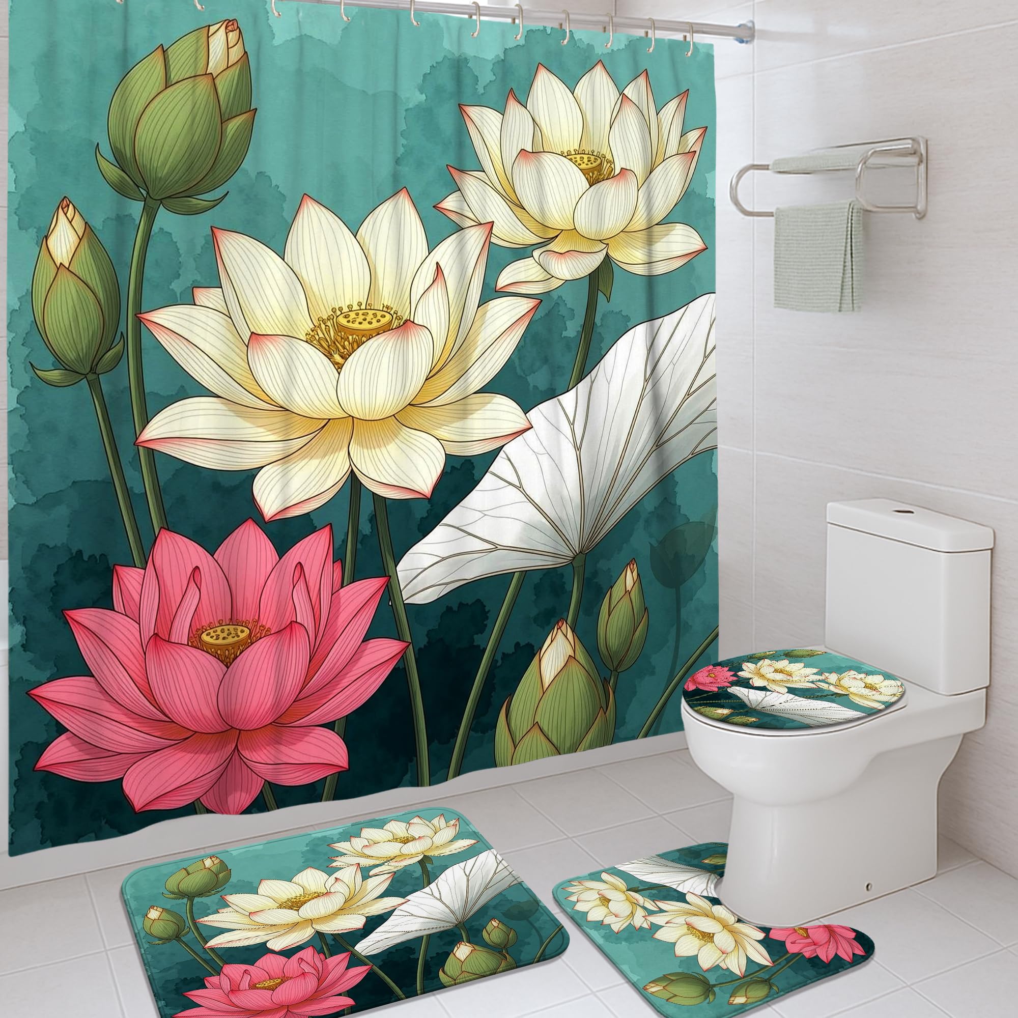 Rideau de douche motif nénuphar lavable et imperméable pour salle de bain