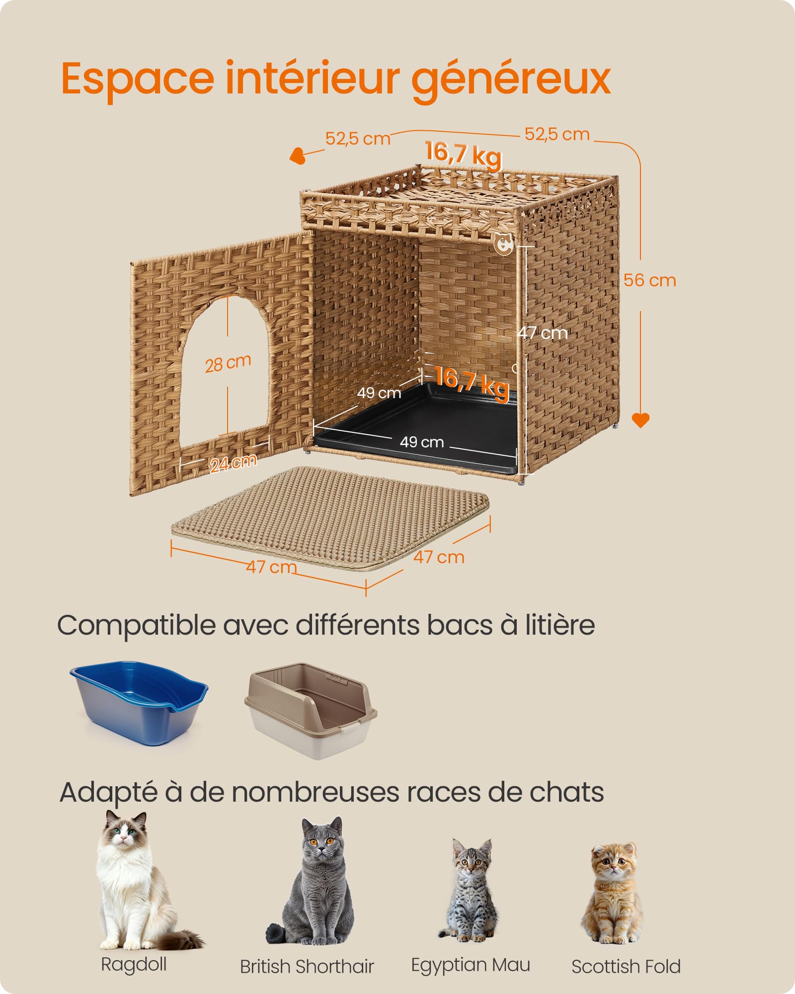 Feandrea Maison de Toilette pour Chat, Meuble Litière en Résine Tressée, Plateau Amovible, Table d'Appoint, 52,5 x 52,5 x 56 cm, Jaune, Style Bohème, Collection Eliott PCL024YE01