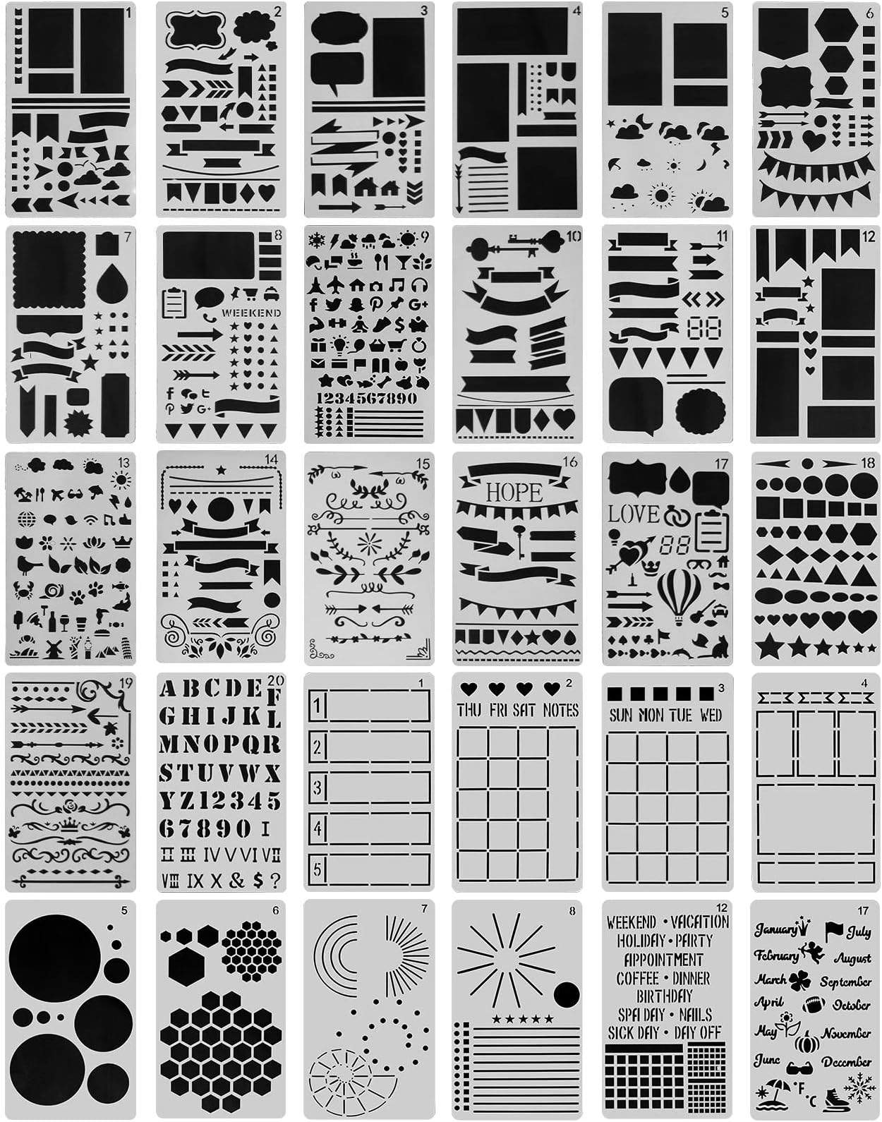 30 PCS Journal Stencils, Planner Stencils for Junk Journal Notebook Diary Scrapbook DIY Drawing Template Journal Stencil 4x7 Inch
