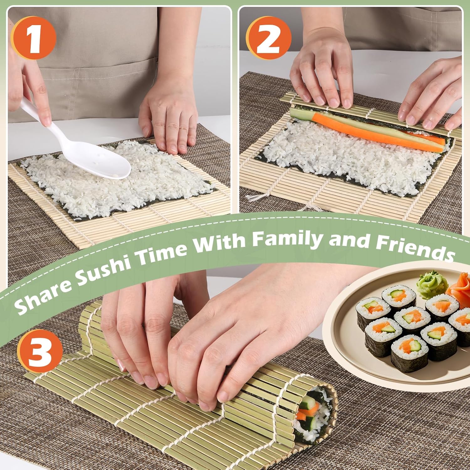 10PCS Bamboo Sushi Mat 9.5"x9.5" – Durable Bamboo Sushi Rolling Mat, Tightly-Bound Design for Home Cooking & Professional Sushi Making (Green)