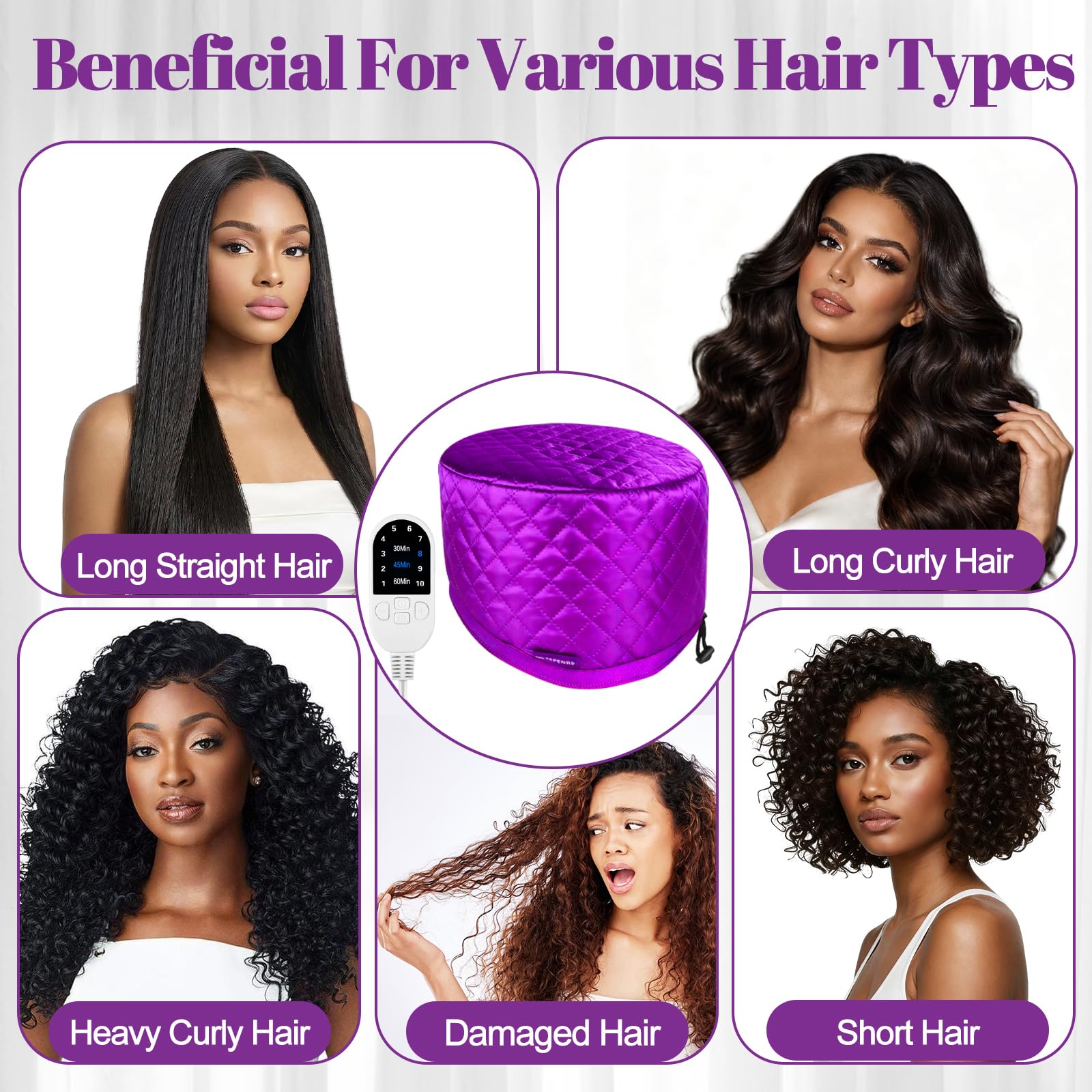 Cuffia termica aggiornata per condizionamento - Vaporizzatore elettrico per capelli afro naturali, cuffia termica portatile per uso domestico (viola)