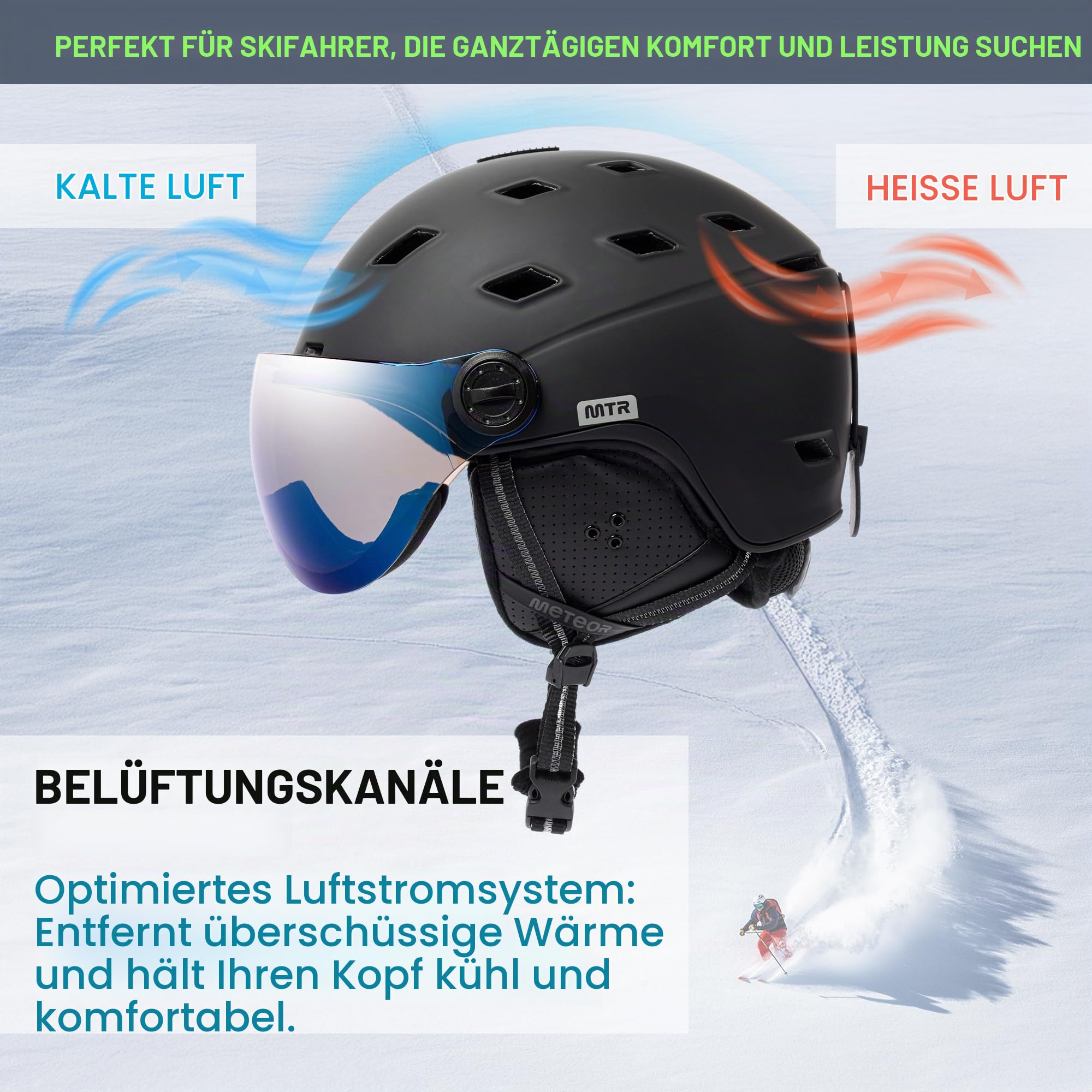 meteor Skihelm mit kontrastverstärkendem Visier und hochwertiger Verspiegelung – Ski- und Snowboardhelm für klare Sicht - mit Belüftungssystem - für Erwachsene und Kinder