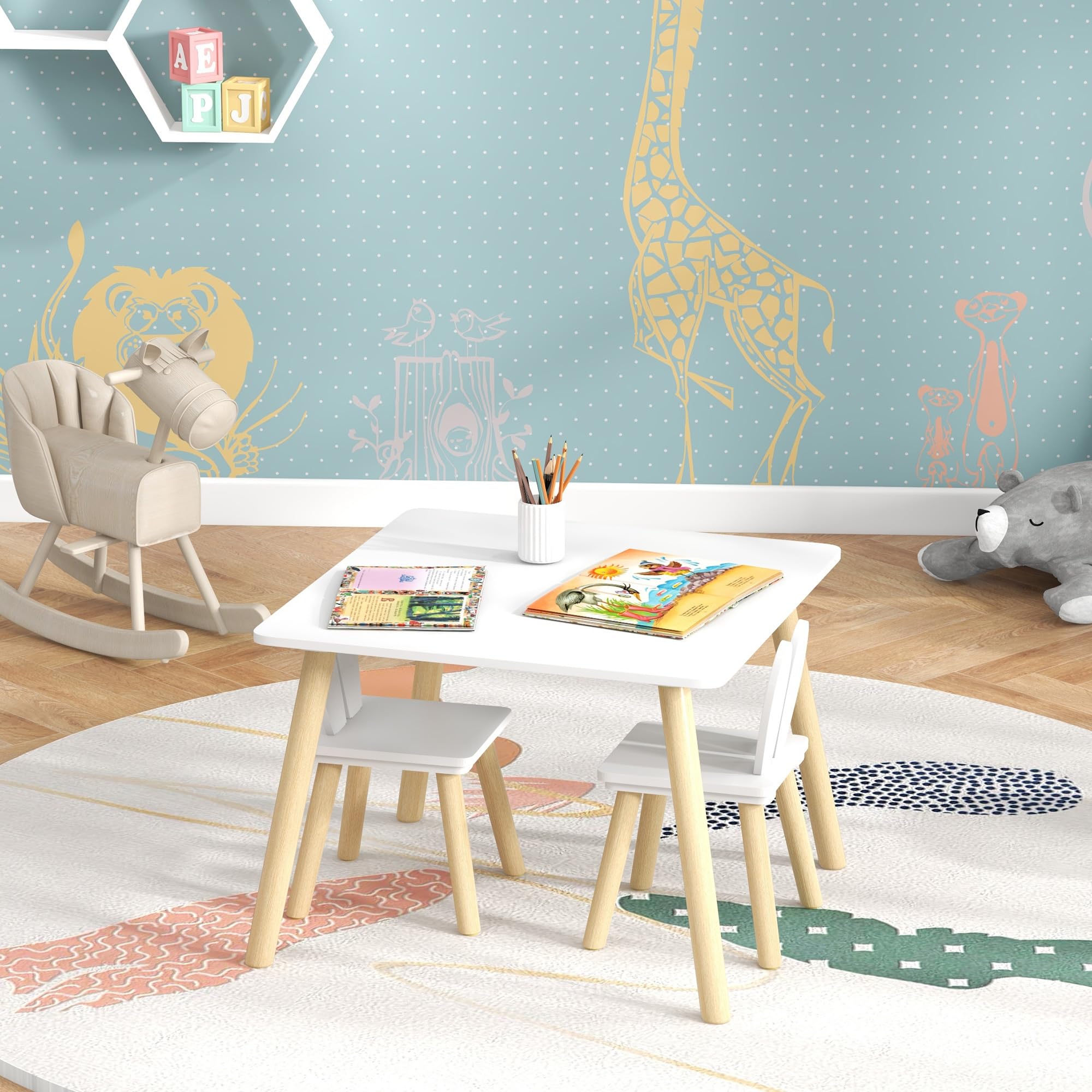 AIYAPLAY Ensemble Table et 2 chaises Enfant Table pour Enfant avec 2 chaises Design scandinave Motif Oreille de Lapin Bois pin Blanc