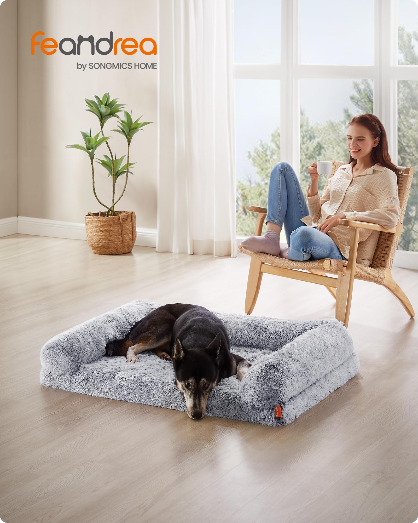 Feandrea FluffyHug Cuccia per Cani, Taglia XL, Divano Letto per Cani di Taglia Media e Grande, di Gommapiuma Ondulata, Copertura Lavabile Sfoderabile, 106 x 80 x 23 cm, Grigio Ombré PGW233G01