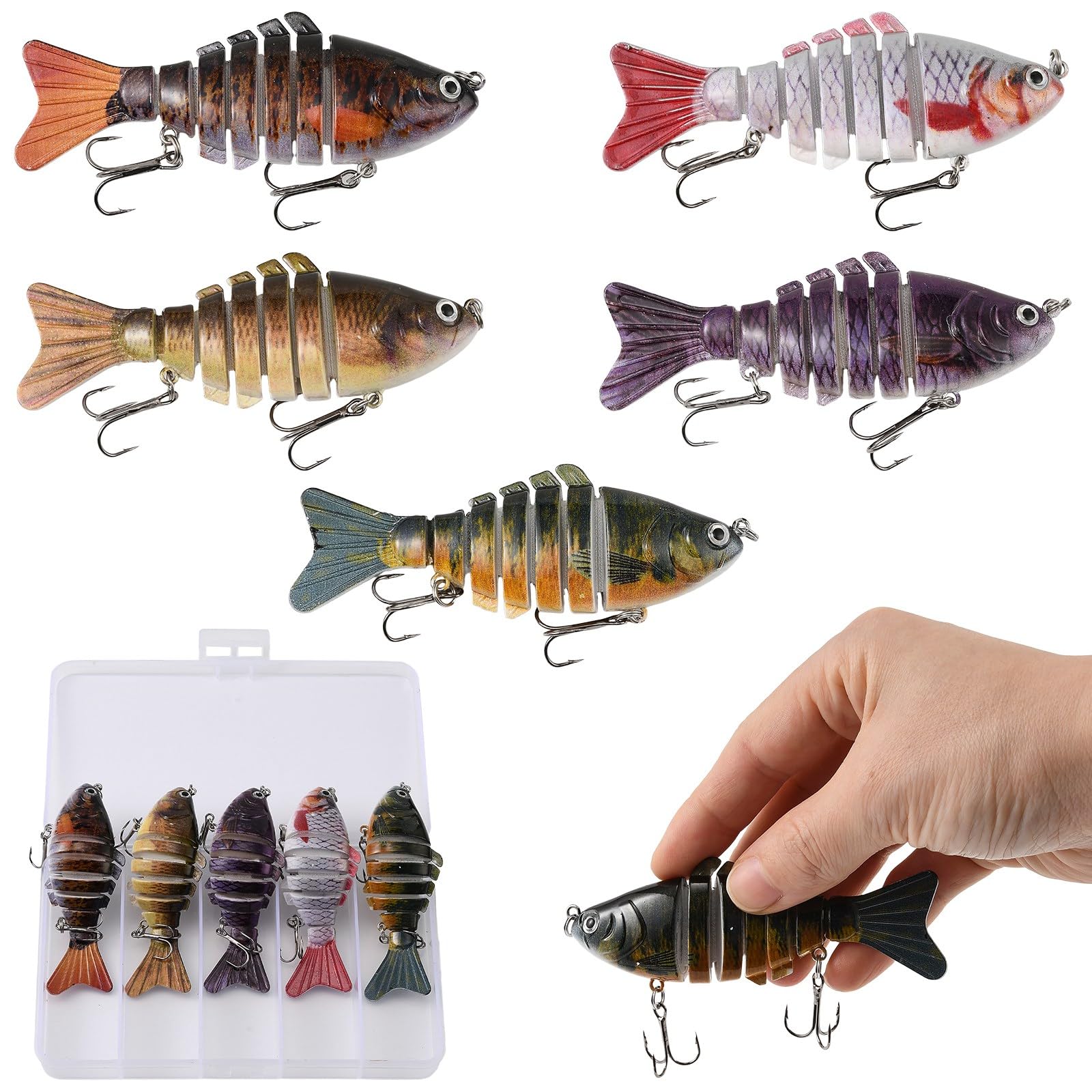 JSCARLIFE 5Pcs Fishing Lure Set,Lifelike Artificial Bait Topwater Lures Rotating Tail Fishing Bait Jointed Swimbait with Hooks for Freshwater & Saltwater Fish (A)