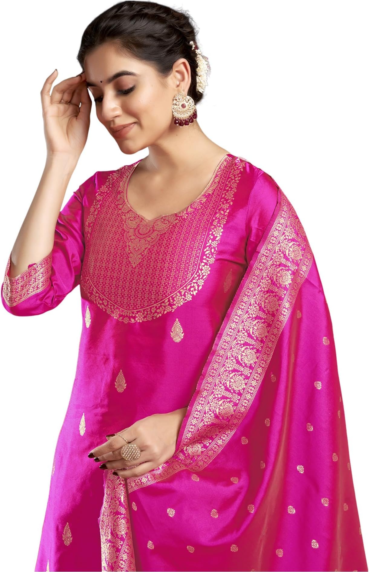 SIRILWomen's Silk Blend Banarasi Jacquard Zari Woven Straight Kurta Pant With Dupatta Set