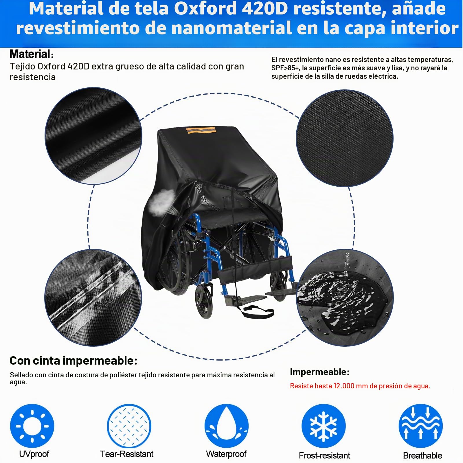 Funda resistente para silla de ruedas 420D con ventilación de aire, tira impermeable, mango reflectante, funda para sillas de ruedas manuales y eléctricas, scooters de movilidad